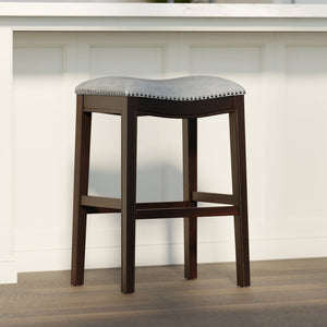 English Elm 31in. Hardwood Barstool Nailhead Faux Leather Seat Club Style Kitchen Island Seating Gray B2751P436411