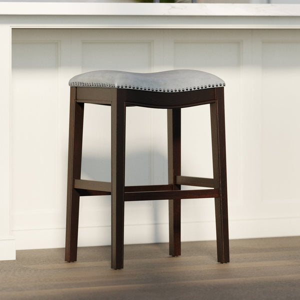 English Elm 31in. Hardwood Barstool Nailhead Faux Leather Seat Club Style Kitchen Island Seating Gray B2751P436411