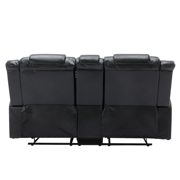 English Elm 2 Seater Home Theater Recliner with Cup Holders and Hidden Storage Box, PU Upholstery, Manual Recline Comfort Black WF323619AAB
