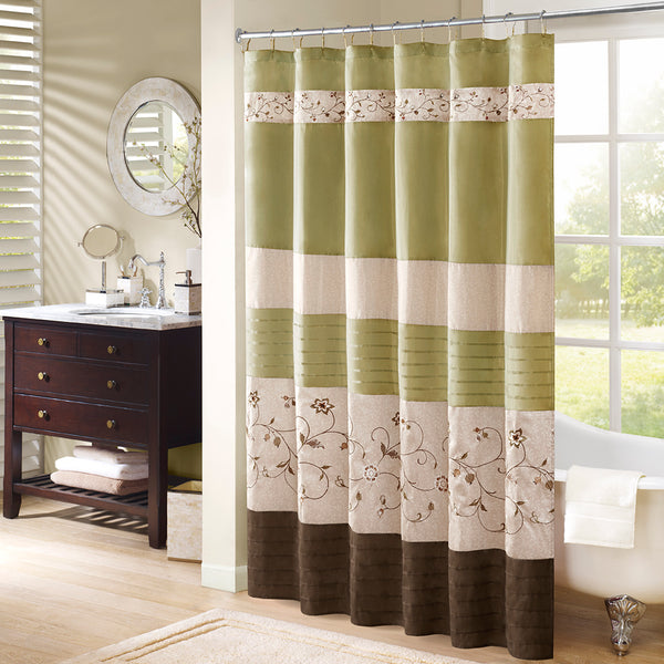 JLA Home Madison Park - Faux Luxurious Embroidered Floral Shower Curtain — Silky Finish, Machine Washable, Boutique Hotel Style Green MP70-1918