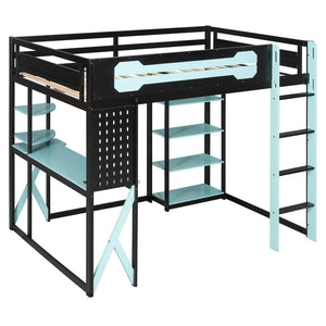 English Elm Full Size Loft Bed with Rgb Lighting Chevron Desk Usb Charging Ports and Storage Shelves Black+Blue LT000286AAC