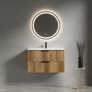 English Elm 36 Inch Floating Bathroom Vanity Fluted Wood Grain Panel with Ceramic Integrated Sink W3520S00045