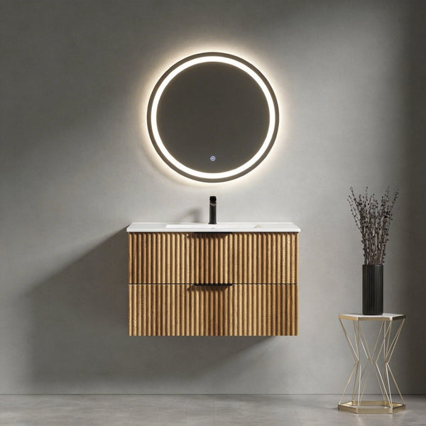 English Elm 36 Inch Floating Bathroom Vanity Fluted Wood Grain Panel with Ceramic Integrated Sink W3520S00045