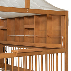 English Elm Full Size Kids House Bed with Led Bookshelf Storage Drawers and Charging Station Walnut LP000378AAL
