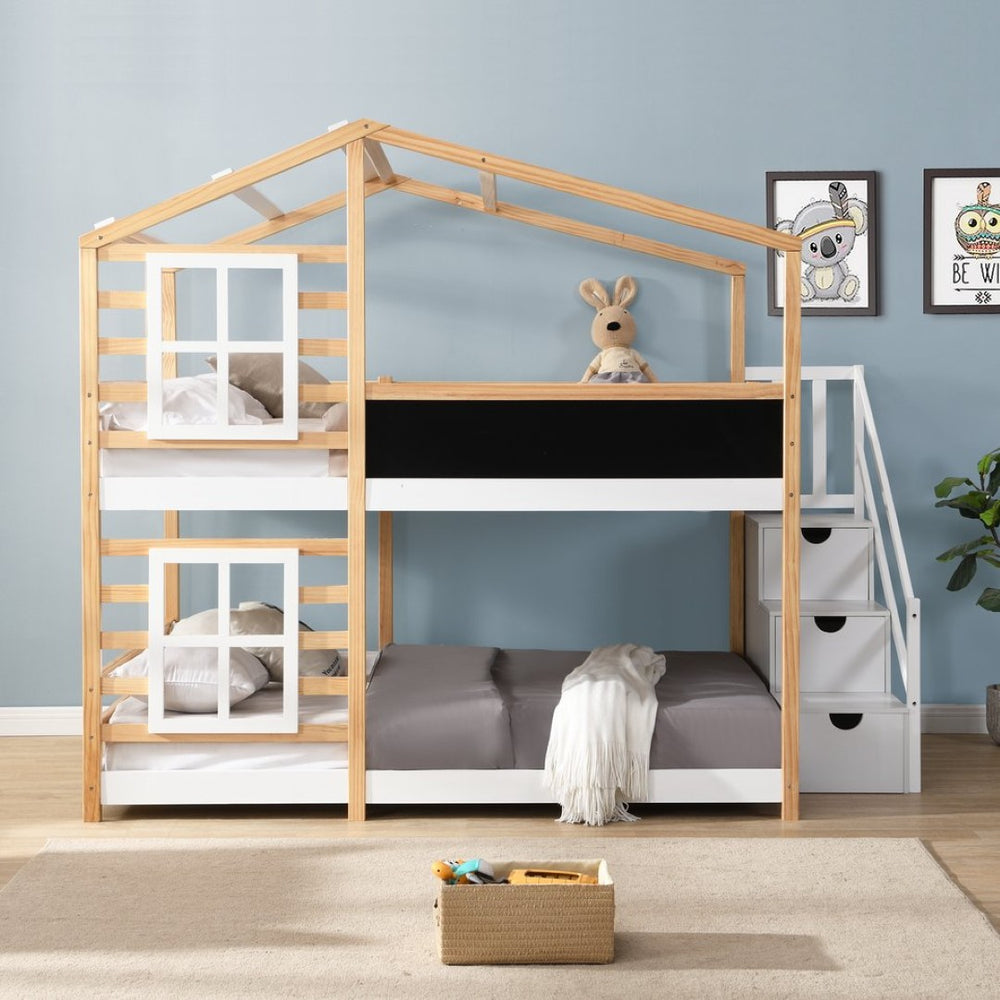 English Elm Twin Over Solid Pine House Bunk Bed with Blackboard Storage Staircase W495S00013