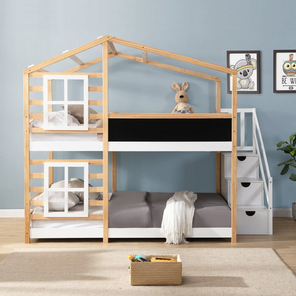 English Elm Twin Over Solid Pine House Bunk Bed with Blackboard Storage Staircase W495S00013