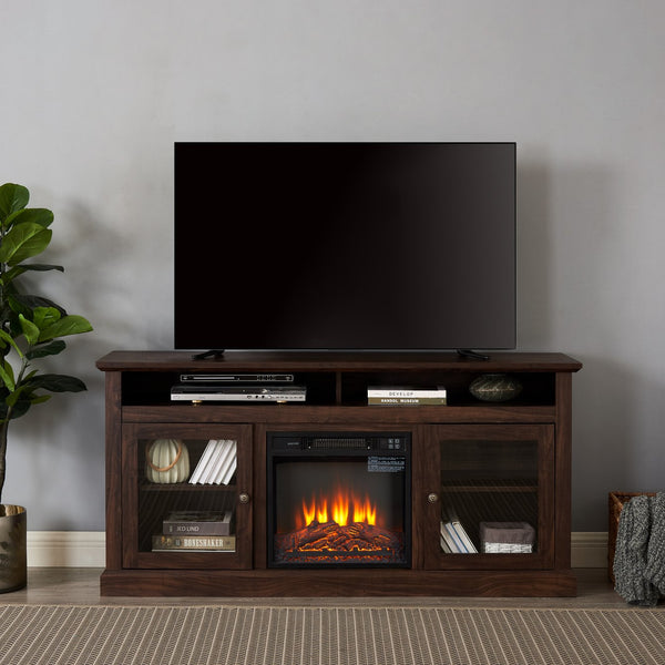 English Elm Contemporary TV Media Stand with 18" Electric Fireplace Insert, 65" TV Capacity, Brown, Ample Storage W2275S00043