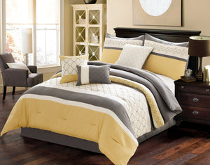 English Elm Verdugo Yellow 7-Pc Queen Comforter Set with Geometric Embroidery, Shams, Pillows & Bedskirt—Modern Yellow & Gray Elegance B340P342011