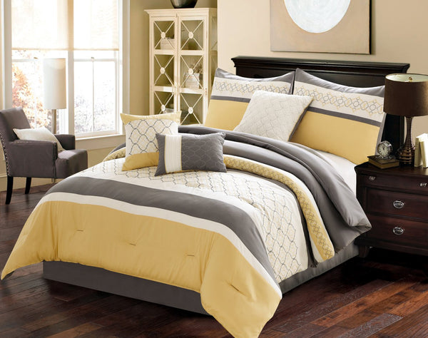 English Elm Verdugo Yellow 7-Pc Queen Comforter Set with Geometric Embroidery, Shams, Pillows & Bedskirt—Modern Yellow & Gray Elegance B340P342011