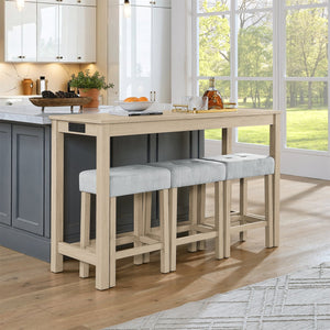 English Elm 59 Inch Bar Table Set with Power Outlet, 3 Upholstered Stools, Solid Wood MDF Linen, Sturdy 220/250lb Capacity W2972P367352