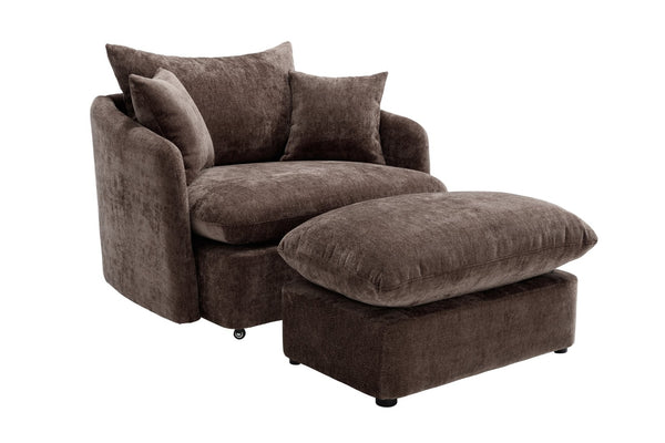 English Elm 360° 360 Swivel Oversized Chenille Armchair with Pocket Spring Seat and Three Throw Pillows Brown W1361S00090
