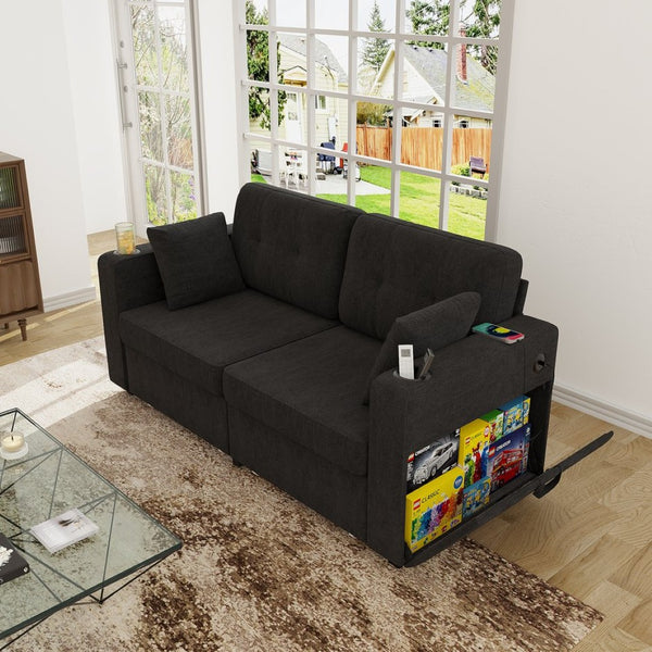 English Elm Sofas for Living Room Chenille Three Seat Couch with Usb Charging Storage and Cup Holder Black W395S00144