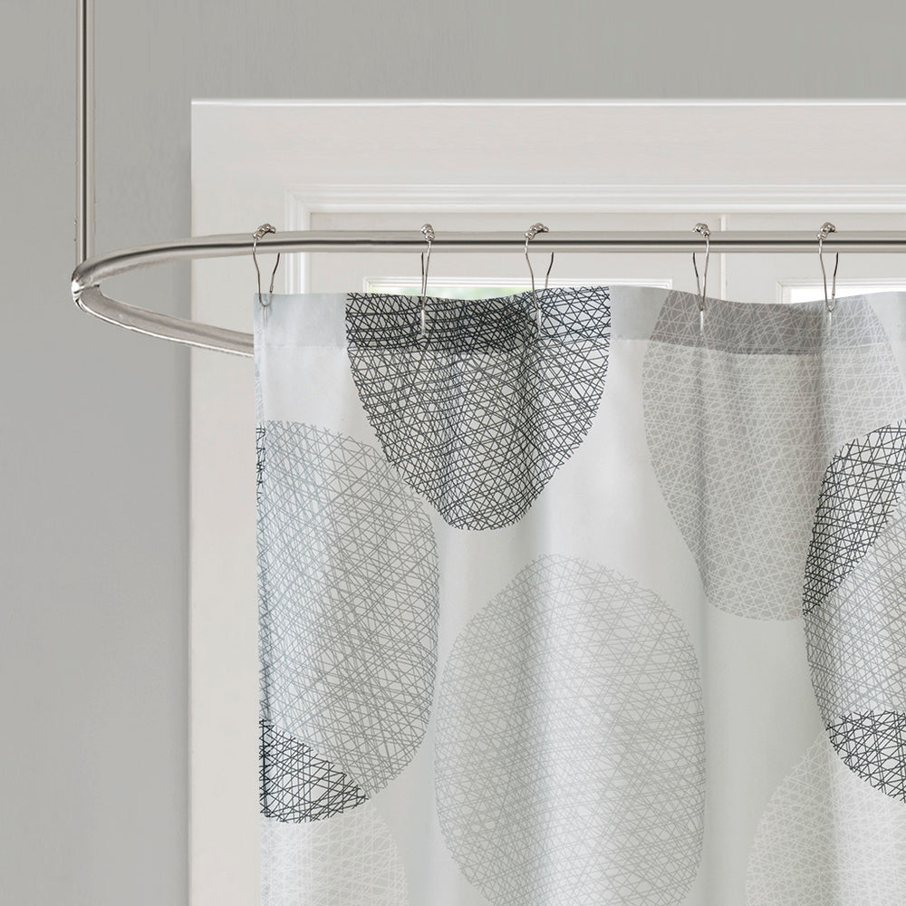 JLA Home Madison Park Essentials - Shower Soft Gray Circular Print 72x72 Lightweight Fabric Curtain with 12 Button Holes, Machine Washable MPE70-038