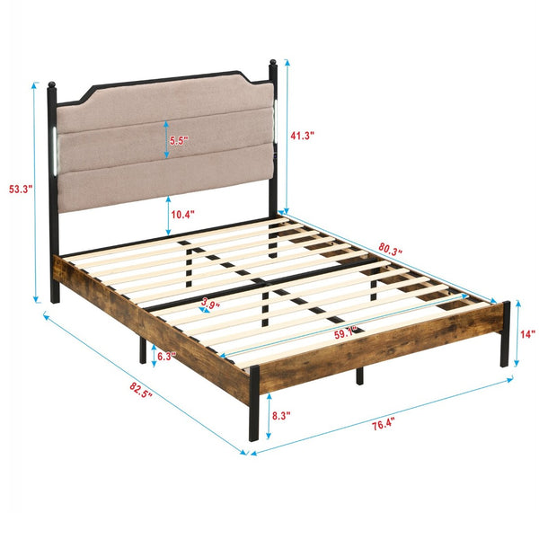 English Elm Queen Platform Bed Lamb Fleece Headboard Led Lighting Usb Charging Under Storage W311P416228