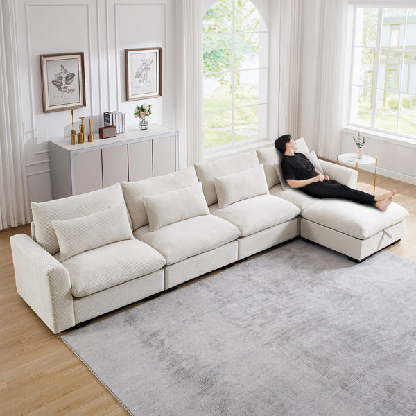English Elm Large L Shape Sectional Corduroy Sofa with Deep Seats, Storage Ottoman, Ergonomic Support, Modular Comfort for Living Room Beige W714S00643
