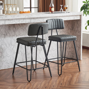English Elm Industrial Bar Stools Set of 2 — Counter Height PU Leather Seats, Sturdy Metal Frame, Ergonomic Backrest and Footrest for Kitchen Island and Home Bar Grey W1901P264278