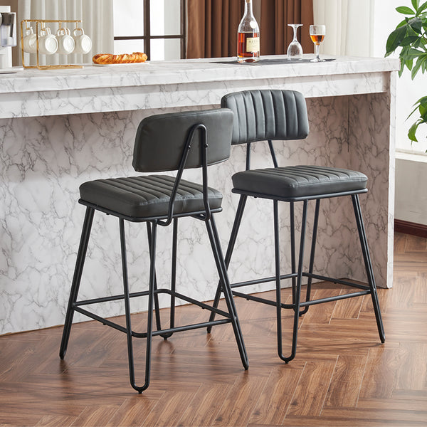 English Elm Industrial Bar Stools Set of 2 — Counter Height PU Leather Seats, Sturdy Metal Frame, Ergonomic Backrest and Footrest for Kitchen Island and Home Bar Grey W1901P264278