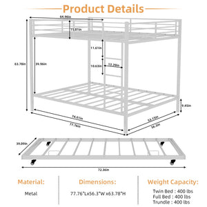 English Elm Durable Iron Bunk Bed with Trundle Safety Rails Kids Guest Twin Full Metal W1935P360857