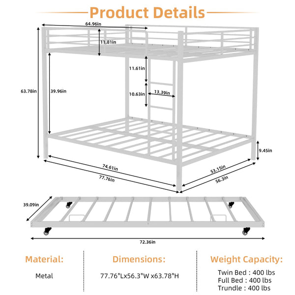 English Elm Durable Iron Bunk Bed with Trundle Safety Rails Kids Guest Twin Full Metal W1935P360857
