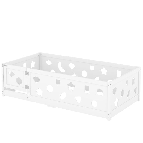 English Elm Twin Floor Bed with Safety Guardrails & Door in White — Solid Poplar Frame, Low Profile, Kids' Cozy Hideaway W1820P240540