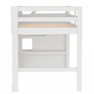 English Elm Twin Loft Bed with Storage Staircase and Window — Pinewood Modern Space-Saving Kids' Play & Sleep Loft White GX000727AAK