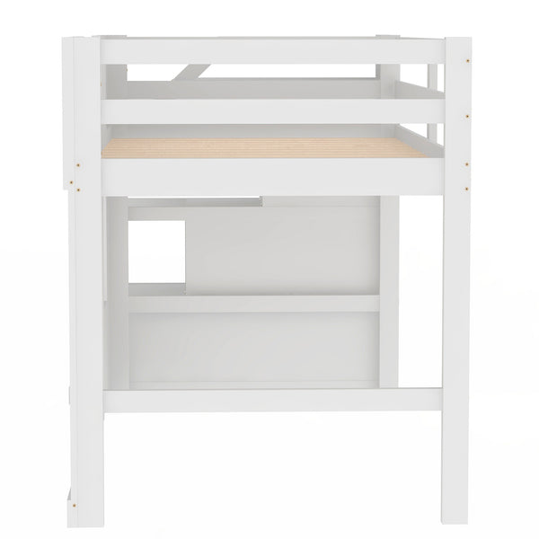 English Elm Twin Loft Bed with Storage Staircase and Window — Pinewood Modern Space-Saving Kids' Play & Sleep Loft White GX000727AAK