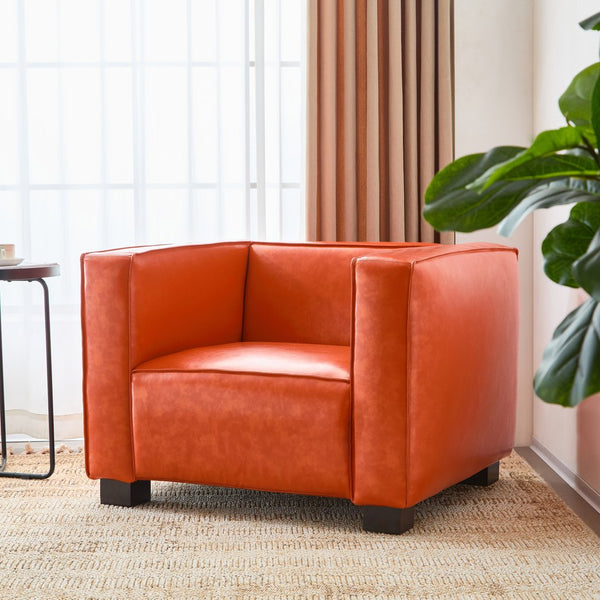 English Elm Christopher Knight Home® - Faux Leather Club Chair with Orange Tuxedo Design, Gold-Effect Shine & Dark Walnut Birch Legs N776P237275O