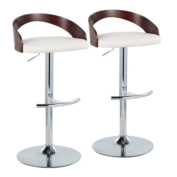 English Elm Grotto Contemporary Adjustable Barstools - Swivel Chrome, Cherry Wood & White Faux Leather - Set Of 2 B202S00913