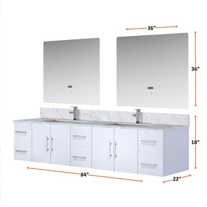 English Elm Glossy White Double Bath Vanity 84" W x 22" D with Carrara Marble Top, Chrome Faucet, LED Mirrors B2731S01053