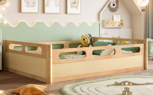 English Elm Twin Low Profile Floor Bed with Guardrails Pine Wood Frame Minimalist Bedroom Natural W1580P438793