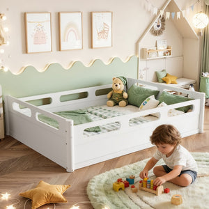 English Elm Twin Low Profile Floor Bed with Guardrails Pine Wood Frame Minimalist Bedroom White W1580P438792
