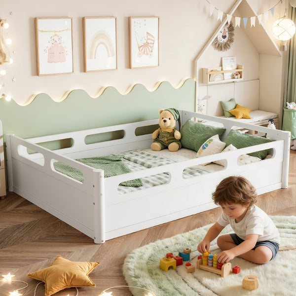 English Elm Twin Low Profile Floor Bed with Guardrails Pine Wood Frame Minimalist Bedroom White W1580P438792