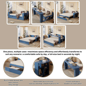 English Elm Queen Daybed with Hydraulic Desk Storage Drawers and Convertible Sofa for Small Spaces Blue LT000272AAC