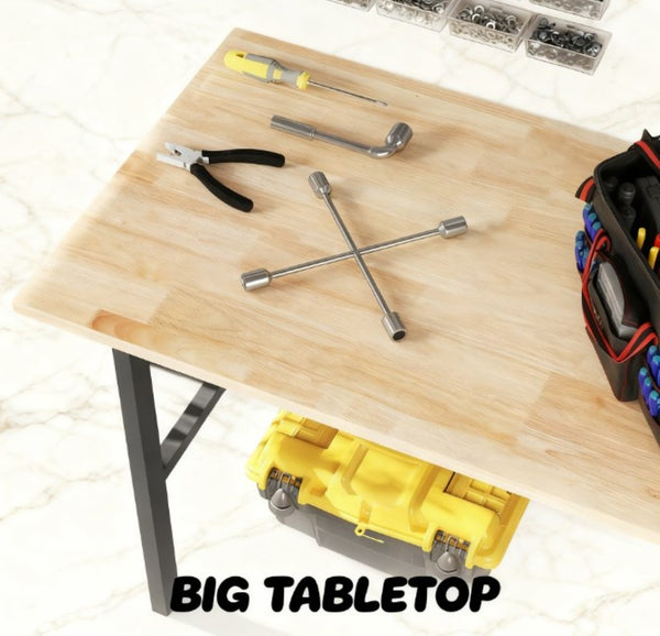 English Elm Garage Workbench with Solid Wood Surface and Powder Coated Steel X Brace Base T3971P412487