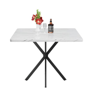 English Elm Square MDF Dining Set for 4 with Faux Marble Top, Mid-Century Modern Iron Legs, Easy-Clean Surface White+Black W578S00024