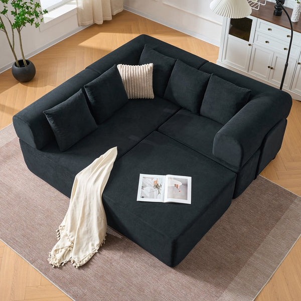 English Elm 106" Modular Sectional Sofa with Deep Seat Velvet Upholstery, Boneless L Shaped Chaise, 5 Pillows, No Assembly Required Black W3163S00043