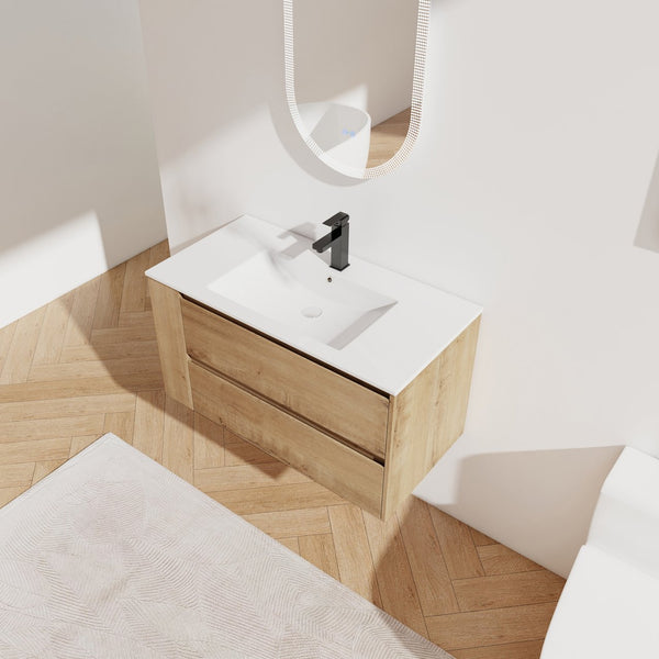English Elm 36" Wall Mounting Bathroom Vanity With Ceramic Sink, Side Adjustable Shelf, Soft-Close Drawers, Water-Resistant Plywood Finish W999S00142