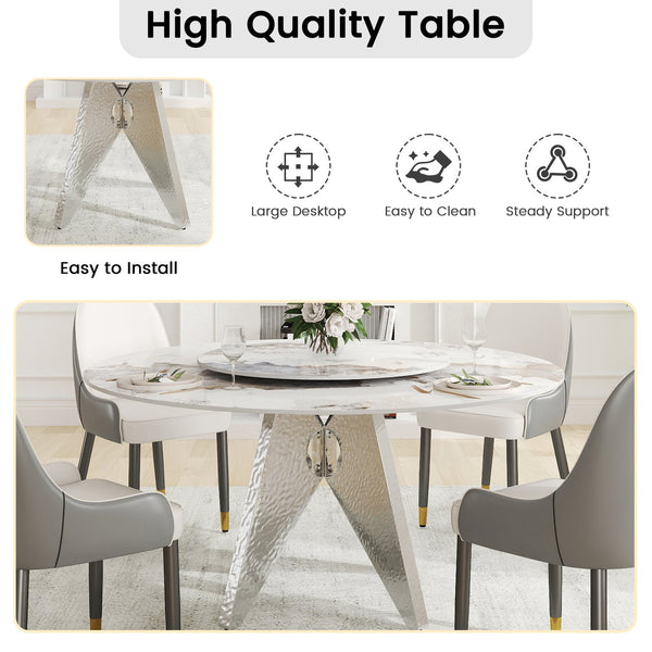 English Elm 59.05" Round Marble Dining Table - Elegant Silver Base, Durable White Sintered Stone, Seats 6-8 W1535S00464