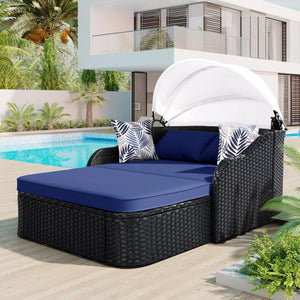 English Elm GO Outdoor Sun Bed with Adjustable Canopy, Durable PE Rattan Double Lounger, Zippered Cushions and Pillows for Easy Care and 500lb Capacity Black+Blue FG201223AAN