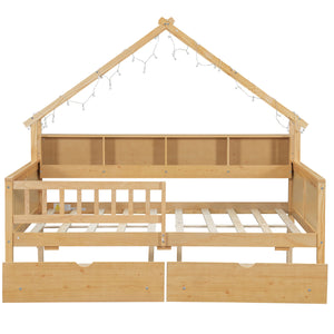 English Elm Wood Full Size Gaming Loft Bed with Integrated Desk, Shelves, LED Lighting & Hanging Clothes Rack Natural N7090001044N