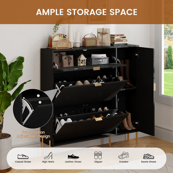 English Elm Mdf Herringbone Shoe Cabinet Gold Hardware Entryway Organizer Holds 16 Pairs Black T3609P482836