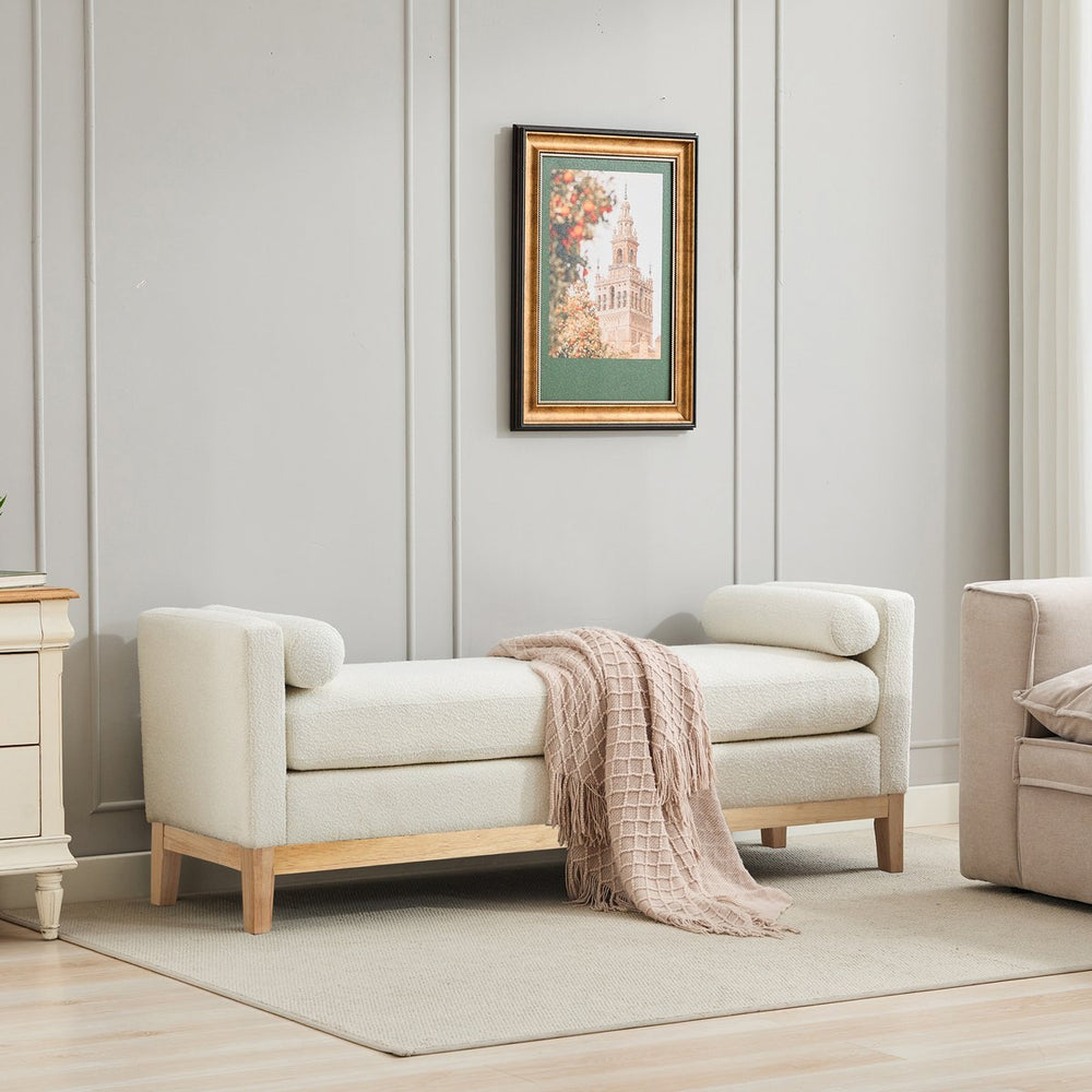 English Elm 66.34"W Elegant Upholstered Bench With Natural Wood Legs & 2 Bolster Pillows For Stylish Seating W3188S00018