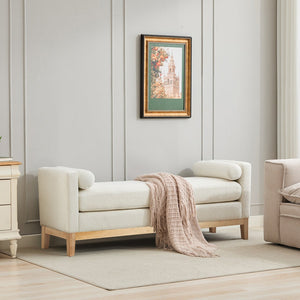 English Elm 66.34"W Elegant Upholstered Bench With Natural Wood Legs & 2 Bolster Pillows For Stylish Seating W3188S00018