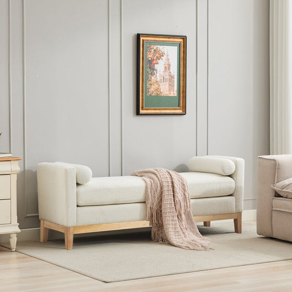 English Elm 66.34"W Elegant Upholstered Bench With Natural Wood Legs & 2 Bolster Pillows For Stylish Seating W3188S00018