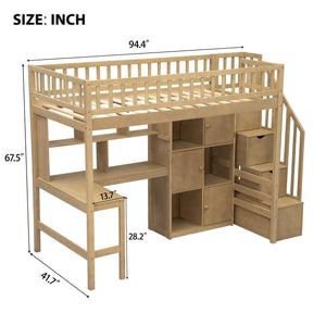 English Elm Wood Twin Loft Bed with Built-In L-Desk, LED Lighting, Staircase Storage, Shelves & Cabinets Walnut N7090000470D