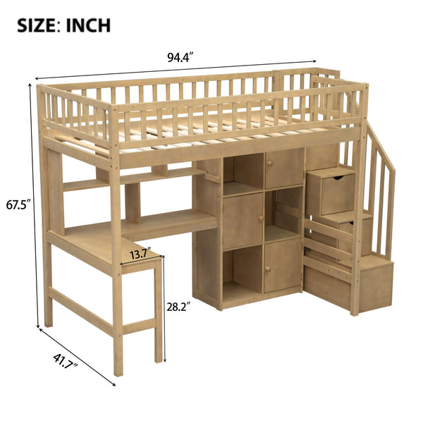 English Elm Wood Twin Loft Bed with Built-In L-Desk, LED Lighting, Staircase Storage, Shelves & Cabinets Walnut N7090000470D