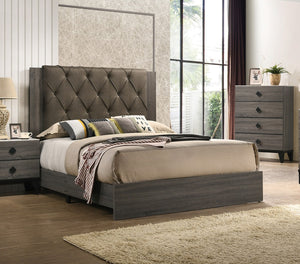 English Elm Contemporary King Size Bedframe With Tufted Headboard, Gray Upholstery & Rubberwood Frame Design B011P236789