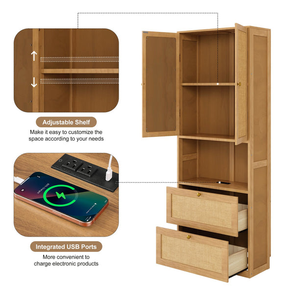 English Elm 2 Door Bookshelf with USB Port and 3 Drawers — Compact Pine-MDF Storage Cabinet for Living Room Natural 80.1 L x 17.65 W x 6.3 H N701P245551W
