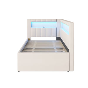 English Elm Upholstered Twin Platform Bed with Trundle, Linen Backrest, Built-In USB Ports & LED Accent Lighting White DL001919AAK