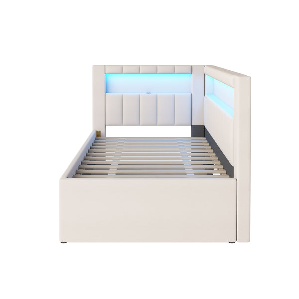 English Elm Upholstered Twin Platform Bed with Trundle, Linen Backrest, Built-In USB Ports & LED Accent Lighting White DL001919AAK